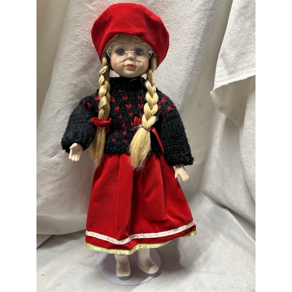 Vintage Porcelain Doll Long Blonde Braids, Grey Eyes And Glasses